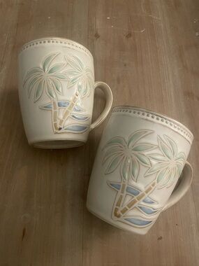 Pfaltzgraff Cream Mugs with Palm Tree Motif and Pale Blue & Green Accents